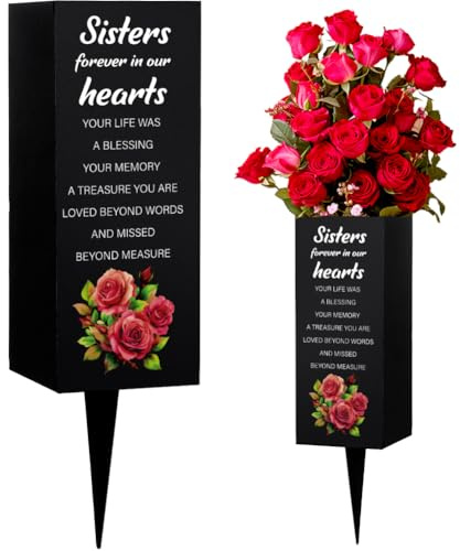 WEBEEDY Grave Vases with Spike Sisters Memorial Cemetery Vasaes Rose Bush Grave Decorations for Cemetery Memorial Gift Metal Grave Flower Holder for Funeral (Sisters Forever in Our Hearts), 8x20cm