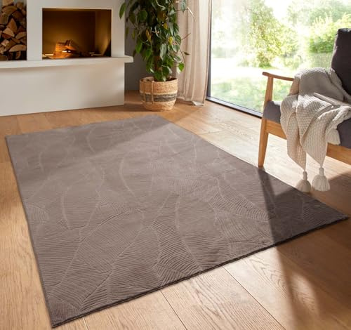Taracarpet Kurzflor Boho Skandi Polyester Teppich in 3D Optik waschbar, pflegeleicht und robust ideal fürs Wohnzimmer, Schlafzimmer und Kinderzimmer auch als Badematte Taupe Blätter 160x230 cm