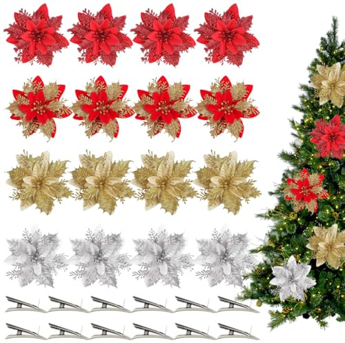 WUYJI Fleurs artificielles 12 grandes fleurs rouges résistantes pour sapin de Noël avec clips de fixation, roses pour décorations de Noël