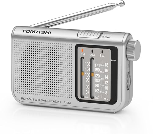 TOMASHI Portable Radio – Transistor Radio with Telescopic Antenna, Large Tuning Knob, Battery Powered, 3.5mm Headphone Jack, Suitable for Senior, Outdoor
