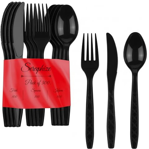 Seraphize Plastic Cutlery Set Pack of 300 (100 Spoons, 100 Fork & 100 Knives) Strong, Durable & Lightweight | Heavy Duty Reusable Cutlery Set | Dining Utensils for Events & for Everyday Personal Use