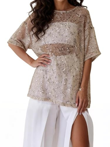 Damen-T-Shirt, glitzernd, Pailletten, durchsichtig, Y2K, Ellenbogen/lange | Damen-T-Shirts mit Ösen, glitzernd, Streetwear, Sommer, Pailletten, lockere Lounge-T-Shirts, Club-Party, glänzend