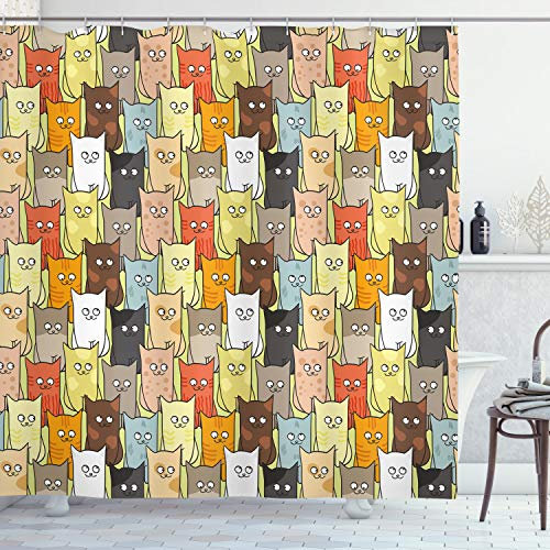 ABAKUHAUS Katzen Duschvorhang, Lustige farbige Cartoon, Stoffliches Gewebe Badezimmerdekorationsset mit Haken, 175 x 180 cm, Hellgrün Mehrfarbig