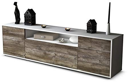 Stil.Zeit TV Schrank Lowboard Bernadetta, Korpus Weiss matt, Front Holz-Design Treibholz (180x49x35cm), mit Push-to-Open Technik & Leichtlaufschienen