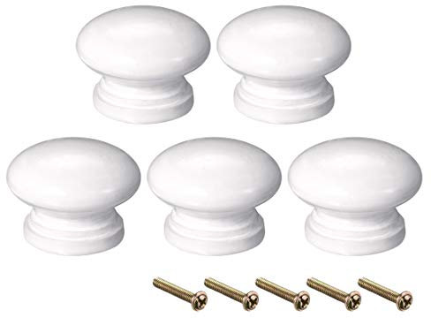 sourcing map Round Wood Knobs,5Pcs 34mm Dia Cabinet Furniture Kitchen Pulls Handles for Cupboard Table, White