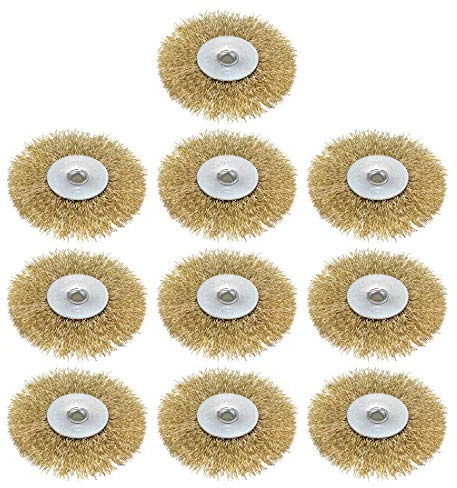 sourcing map 3-Inch Wire Wheel Brush Bench Brass Plated Crimped Steel with 1/4-Inch Arbor Hole 10 Pcs