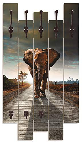ARTLAND Wandgarderobe Garderobenpaneel Holz mit 8 Haken 63x114 cm Design Garderobe mit Motiv Natur Afrika Safari Elefant T9QO