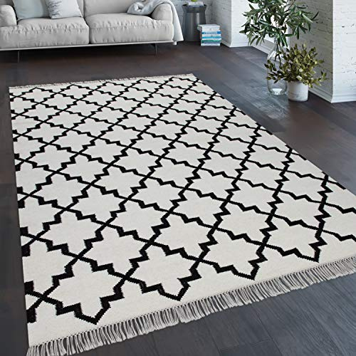 Paco Home Teppich Wohnzimmer Marokkanisches Muster Fransen Handgewebt Baumwolle Weiß Schwarz, Grösse:160x230 cm