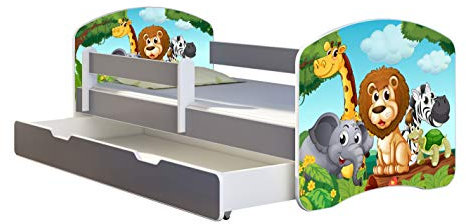 ACMA Kinderbett Jugendbett mit Einer Schublade und Matratze Grau mit Rausfallschutz Lattenrost II (02 Animals, 180x80 + Bettkasten)