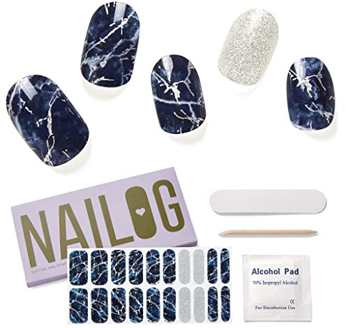 NAILOG Semi Cured Gel Nail Strips, Extra Long Nail Polish Strips (20 Pieces), Long Lasting Semi Cured Nail Stickers with Soft Glossy Gel Finish, Stormy Night