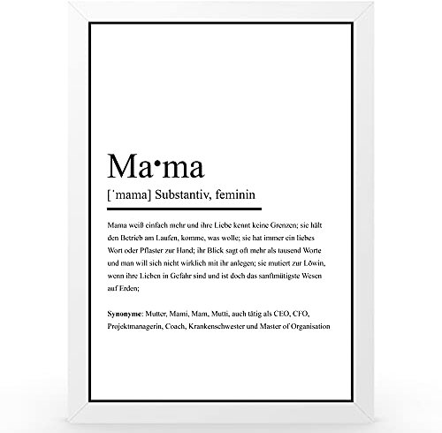 Urhome DIN A4 Kunstdruck Definition Mama inkl. Rahmen Weiß - Worterklärung wie im Duden Lexikon als Wanddeko Spruch-Poster Deko Wandbild mit Spruch gerahmt für Wohnung Familie Geschenk
