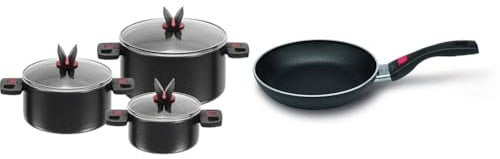 BALLARINI Topfset, 3-tlg., Inkl. 3 Glasdeckel, Antihaftbeschichtet, schwarz & Click & Cook Pfanne 24 cm 815130.24 aus Aluminium mit Keravis-Antihaftbeschichtung und einklabbaren Stiel