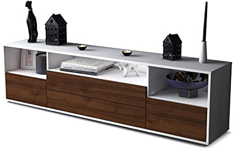 Stil.Zeit TV Schrank Lowboard, AKI, Korpus Weiss matt, Front Holz-Design Walnuss, (180x49x35cm), Push to Open Technik & Leichtlaufschienen