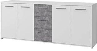 Buffet bas 4 portes 3 tiroirs - Blanc et décor gris béton - L 179 x P 42 x H 74,5 cm