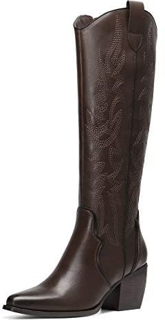 DREAM PAIRS Kniehohe Damen Westernstiefel, bequemer, klobiger Blockabsatz, spitzer Zehenbereich, seitlicher Reißverschluss, Wildleder-Slouch-Reitstiefel,Size 38,Braun/Pu,SDKB224W