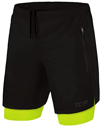 TCA Ultra Laufhose Herren 2 in 1 Kurze Sporthose Trainingsshorts Laufshorts mit integrierter Kompressionshose und Reißverschlussfach - Schwarz/Grün (2X Reißverschlusstasche), M
