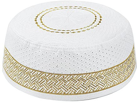 Muslimisches Gebet Namaz Männer Stickerei Muslim Gebet Kufi Hut Gebetskopfmütze Islamische Beanie Schädel Kappe Stickerei Türkische Arabien Hui Saudi Kopfbedeckung Ramadan Eid Geschenk Weiß (Gelb)