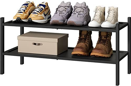 kiplant Schuhregal aus Bambusholz, stapelbar, 2 Etagen, Schwarz