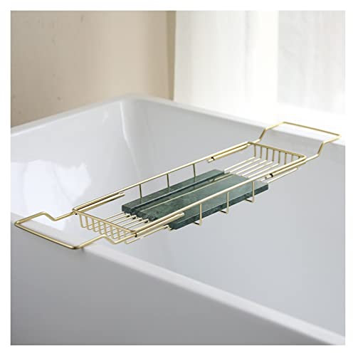ACiyD Badewannen-Caddy-Tablett, Edelstahl-Badewannen-Tischregal mit Marmor-Schneidebrett, verstellbare Bad-Aufbewahrungsplattform für Hotel-Duschkabine (Color : Silver+Black) (Gold+Green)