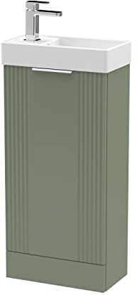 nuie FLT820 Deco Modern Bathroom Floor Standing Part Fluted 1 Door Slimline Vanity Unit with Ceramic Basin, 400mm, Satin Green