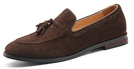 MANLADUO Mocasines de piel de ante para hombre, estilo británico, con borlas y diseño sin cordones, Marrón, 37.5 EU