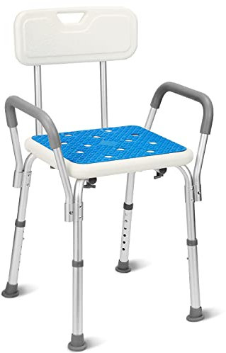 Cecaylie Tabouret de douche avec dossier et accoudoir, réglable en hauteur, tabouret de salle de bain avec antidérapant en aluminium 8887 Blanc