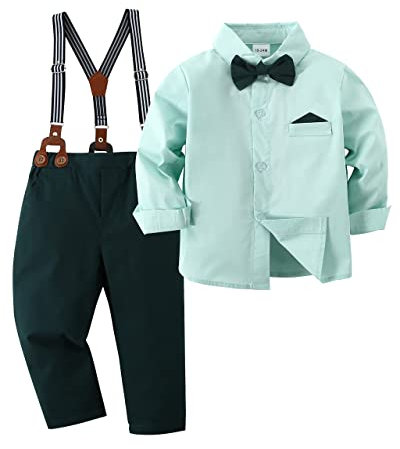 Amissz Baby Jungen Gentleman Set, Kinder Festliche Kleidung Taufkleidung Anzug Langärmeliges Shirt & Hosen Outfit Grün, 3-4 Jahre