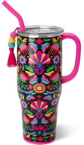 Swig Life 1,2 l Mega-Becher, 1,2 l Becher mit Griff und Strohhalm, Becherhalterfreundlich, spülmaschinenfest, extra großer, leichter isolierter Becher, Edelstahl (Caliente)