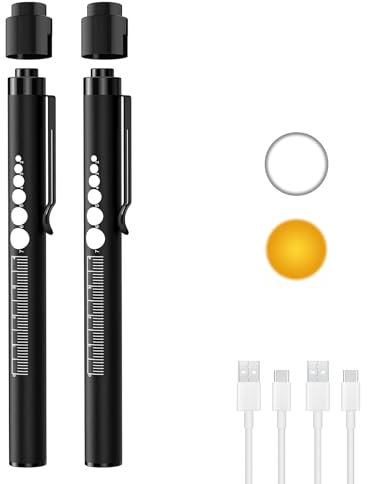 SEVENKA 2 luces recargables con medidor de pupila y regla, linternas LED para enfermeras y médicos, recargables por USB-C, luz cálida/blanca, clip de bolsillo, linternas de linterna para estudiantes