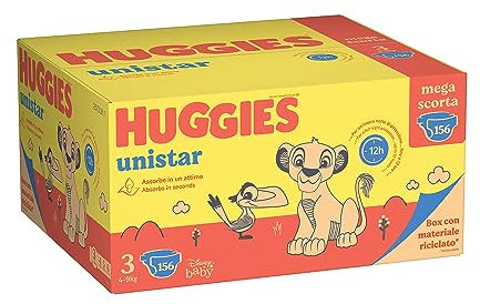 Huggies Unistar - Paquete Mega de repuesto para pañales, talla 3 (4-9 kg), 156 pañales