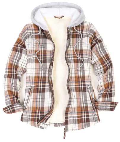 ZENTHACE Damen Kapuzen-Flanellhemd-Jacke, Sherpa-gefüttert, durchgehender Reißverschluss, Herbst, Winter, kariert, Khaki, L