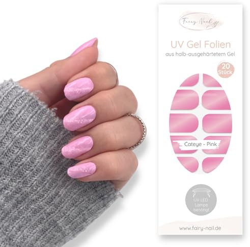 Fairy Nail UV Nagelfolien selbstklebende Gelfolien halb ausgehärtet 20 Stück Nailwraps Nagellackstreifen zum aufkleben… (Cateye Pink)
