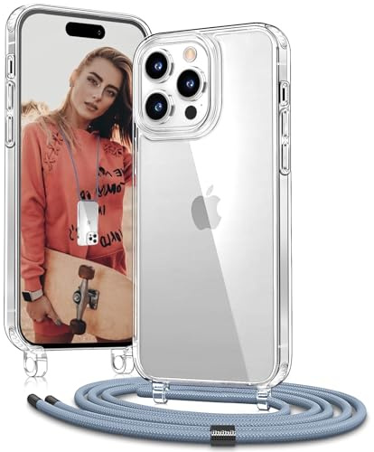 OLEPHY Handykette für iPhone 15 Pro Max Hülle mit Band, Blau | Necklace Handyhülle, Transparente Schutzhülle zum Umhängen [Verstellbarem und Demontage Umhängeband],
