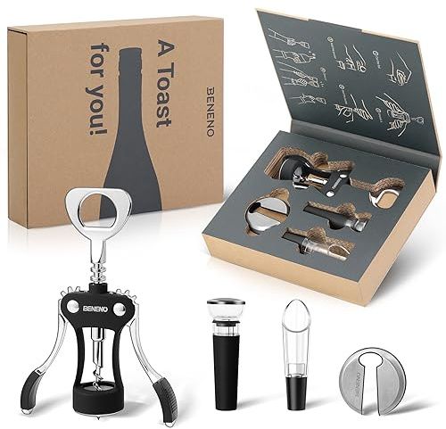 Beneno Multifunctional Wine Bottle Opener Gift Wing Corkscrew, Foil Cutter, Vacuum Stopper & Aerator Pourer, Perfect for Wine Lovers Man Woman, Elegant Black