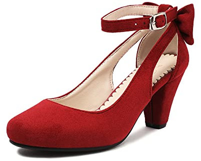 elerhythm Damen Mary Jane Bow Closed Toe Vintage Pumps Heels Gatsby Victorian 1920er Jahre Faux Wildleder Schuhe (Rot EU38)
