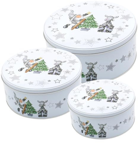 Dekohelden24 Metall-Dosen mit Nikolaus und Elch als 3er Set in weiß, Maße L/B/H 19 x 19 x 9 cm, 17 x 17 x 7 cm und 14 x 14 x 6,5 cm