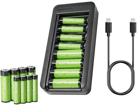 Amazon Basics Paquete de 8 baterías recargables NiMh AAA 800 mAh + paquete de 8 baterías recargables NiMh AA 2000 mAh con cargador de batería de 8 bahías sin adaptador CA puerto USB C 16 unidad Negro