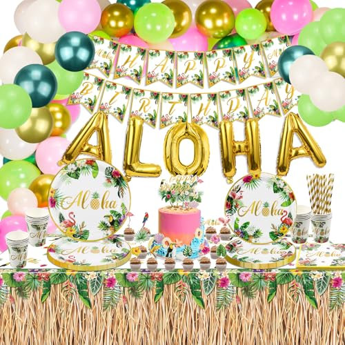 Luau Decorazioni per feste, decorazioni per feste di compleanno hawaiane, forniture per feste Aloha con piatti, tovaglioli, tazze, decorazioni per torte, decorazioni per arco a palloncino per feste