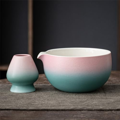 TEANAGOO Japanese Ceramic Matcha Chawan, 18oz K11, Gradient Pink Green, Whisk Holder Included