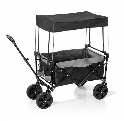 EASYmaxx Bollerwagen | Bis 80 kg Tragkraft | Faltbar | Modernes Design | Robuster Nylonbezug | 360°-Drehgelenke an den Vorderrädern | Mit Abdeckhaube [Anthrazit-schwarz]