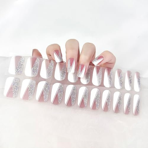 Ceboic Semi Cured Nail Sticker Strips, 22PCS Self-Adhesive, Long Lasting Wraps - White French