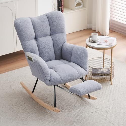 DEKKETO Schaukelstuhl mit Hocker, Gemütlicher Teddy Stillsessel zum Stillen, Schaukelsessel mit Fußstütze für Wohnzimmer Schlafzimmer, Bequeme Lesesessel für Kinderzimmer, Grau