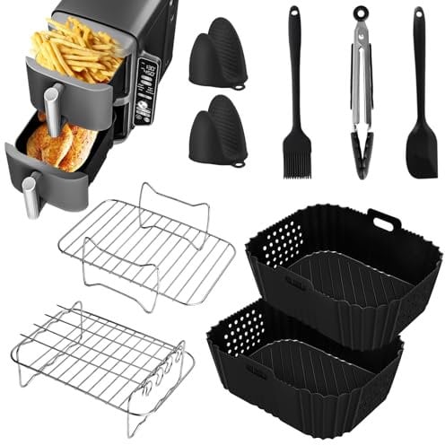 13 PCS Air Fryer Accessories for Ninja Double Stack XL 9.5L Air Fryer SL400UK, Silicone Air Fryer Liners, Air Fryer Baskets, Grilling Rack, Gloves, Oil Brush, Food Clip for Oven, Microwave
