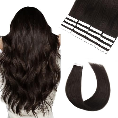 Vlasy Tape Extensions Echthaar 50cm Mini Tape in Extensions Echthaar Dunkelbraun Gerade Tape Haarverlängerungen Echte Menschliches Haar Natürliche Invisible Tape Hair Extensions 2# 16 Stück