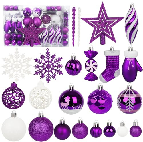 Miaikoe 135 Pcs Christmas Ball Ornaments Set, Shatterproof Plastic Assorted Pre-tied Christmas Balls for Xmas Tree Hanging Decorations Festival Party Holiday Decor (Purple)