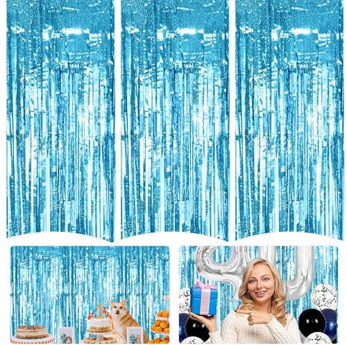 LPAMABA 4 Stück Lametta Vorhang Hellblau Vorhang Deko 1 * 2.5m Geburtstagsdeko Folien Fransen Lametta Vorhänge Metallisch Vorhänge Selbstklebende Metallfolie für Hochzeit Verlobung Geburtstag Party