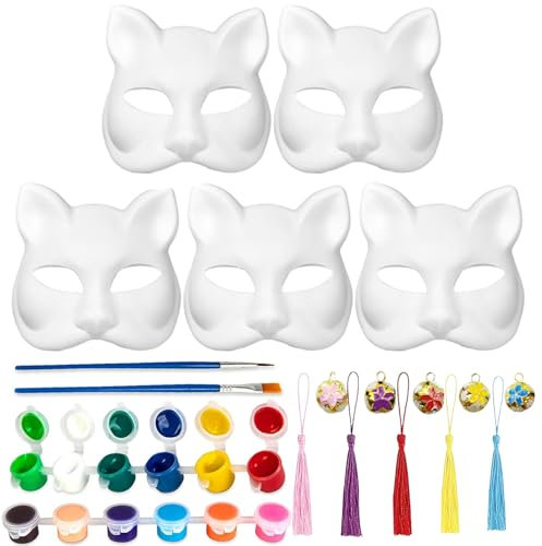 KITRDOOR 5 Stück DIY weiße Papiermaske Katze Gesicht Zellstoff blanko handbemalt Maske Persönlichkeit Design Maske für Tanz Party Festival Performance Cosplay Halloween Masken (5Stück Katze Maske)