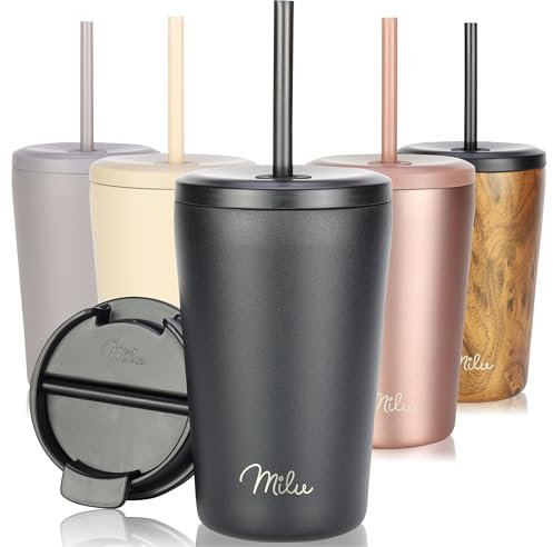 Milu Thermobecher 400ml - 100% Auslaufsicher - Edelstahl Kaffeebecher to go isoliert mit Strohhalm hält 10h heiß / 20h kalt, BPA-frei (Schwarz, 400ml)