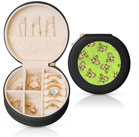 GSGCSBYMLG Green Clever Monkey Bedruckte Runde Leder Schmuckkästchen Schmuck Aufbewahrungsbox Tragbare Schmuckschatulle