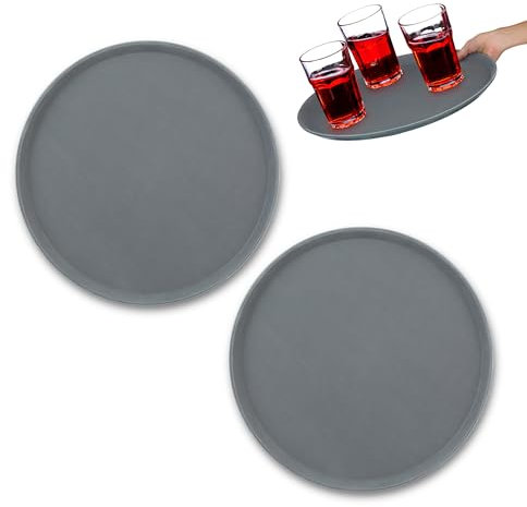 Relaxdays Bandejas Camarero, Pack de 2, Superficie Antideslizante, Redonda, Bares, Restaurantes, Bebidas, Ø 45 cm, Gris